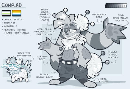 Full Body Reference of Conrad (a patchwork rabbit with arms for ears). It includes a detail of a pet white cat with frost crystals on its body.