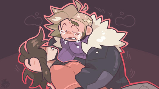 Thumbnail Thumbnail Size art of Jonesy and Sparks. Sparks cradles Jonesy, who is limp in her arms.
