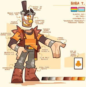 Full Body Reference of Boba (a plastic cup toon oc). It includes a detail of a yellow Ace of Clubs card.