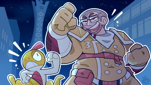Thumbnail sized art of Stamos with his Scraggy. They pose together, with Lumiose City at night as the background.