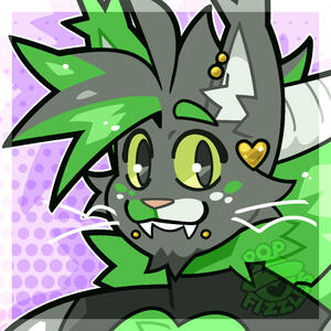 Digital artwork of Kitty (a green and gray cat dragon anthro) cropped to fit a square avatar.