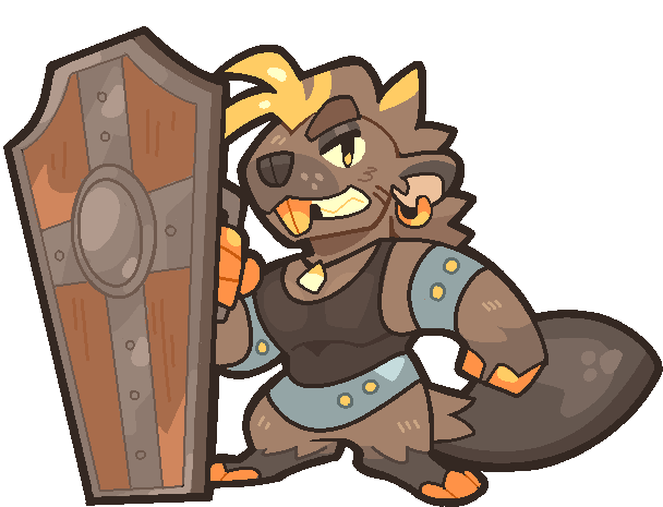 Two frame animation of Ash (an anthro beaver oc with a tower shield).
