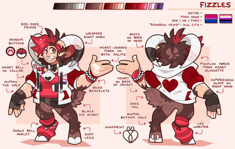 Full Body Reference of Fizzles, a satyr with red decals. The reference includes detail of their buttons and their hoof-print.