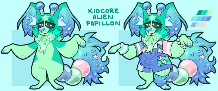 Custom Design of an anthro dog character named "Kidcore Alien Papillon".
