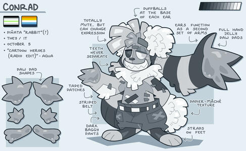 Full Body Reference of Conrad (a pinata rabbit with arms for ears). It includes a detail what all six of their paw pads look like.