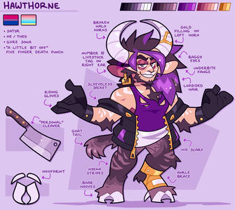 Full Body Reference of Hawthorne (a satyr with purple decals). It includes details of a meat cleaver, and their hoof-print.