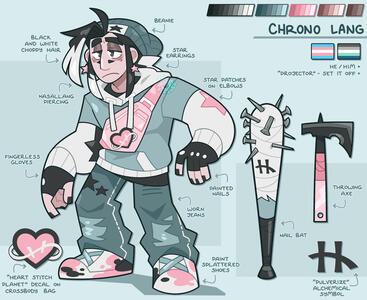 Full Body Reference of Chrono (a human man wearing street clothes). It includes details of symbols used in the design, and two weapons.